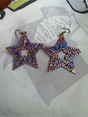 4 of July Handmade Star Hoop Earrings with Red, Blue, White Thread Detail